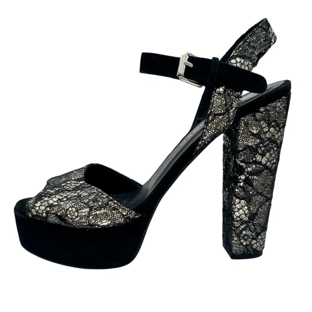 KURT GEIGER BLACK LACE OVER SILVER GLITTER PLATFORM HEELED SANDALS